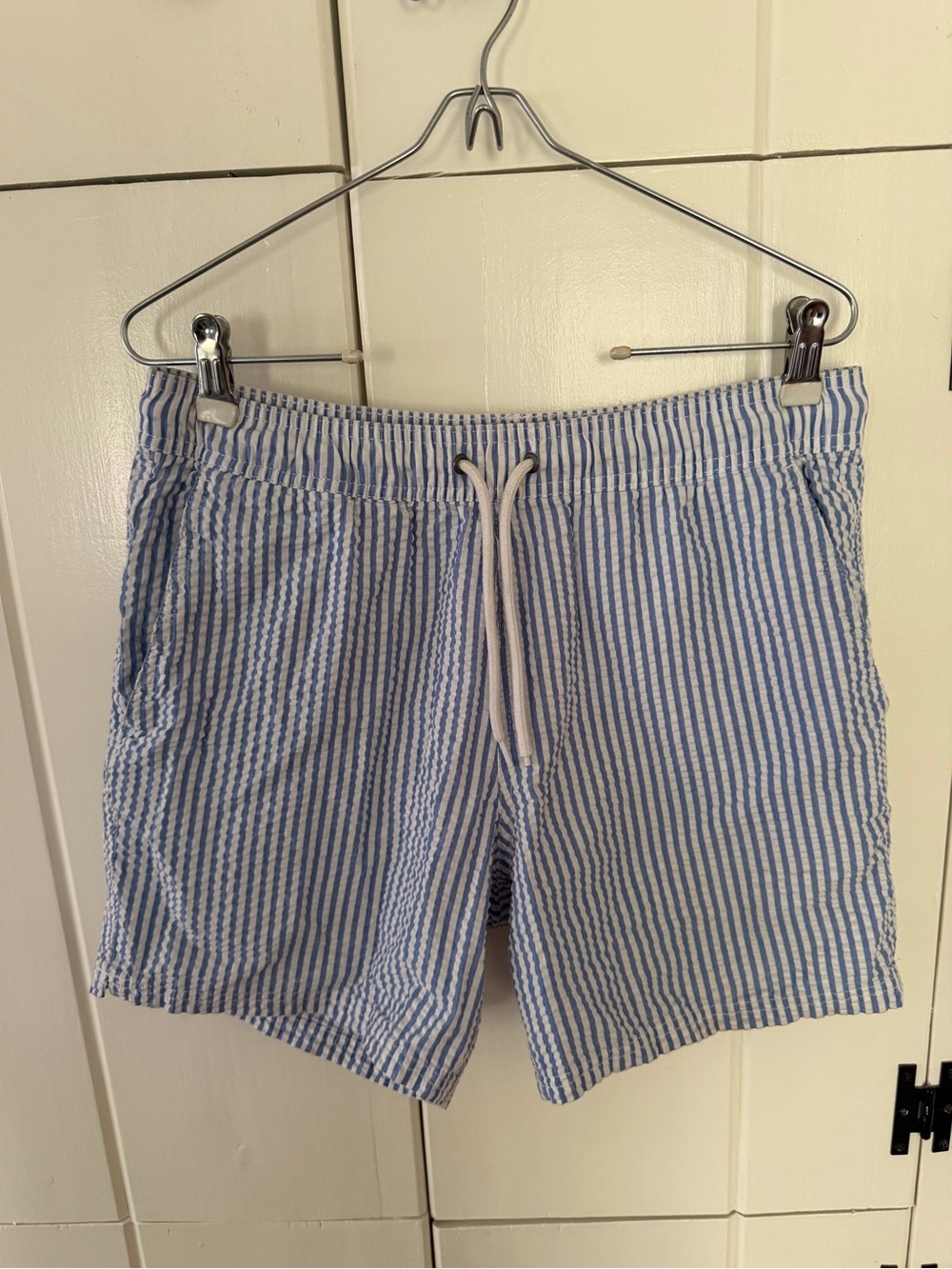 J. Crew Blue and White Striped Seersucker Swim Trunks